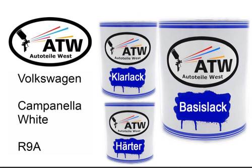 Volkswagen, Campanella White, R9A: 1L Lackdose + 1L Klarlack + 500ml Härter - Set, von ATW Autoteile West.